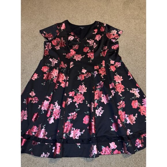 LANE BRYANT Black Fit-Flare Dress Pink Floral Vneck Romantic Formal Preppy 26/28 - Picture 7 of 11